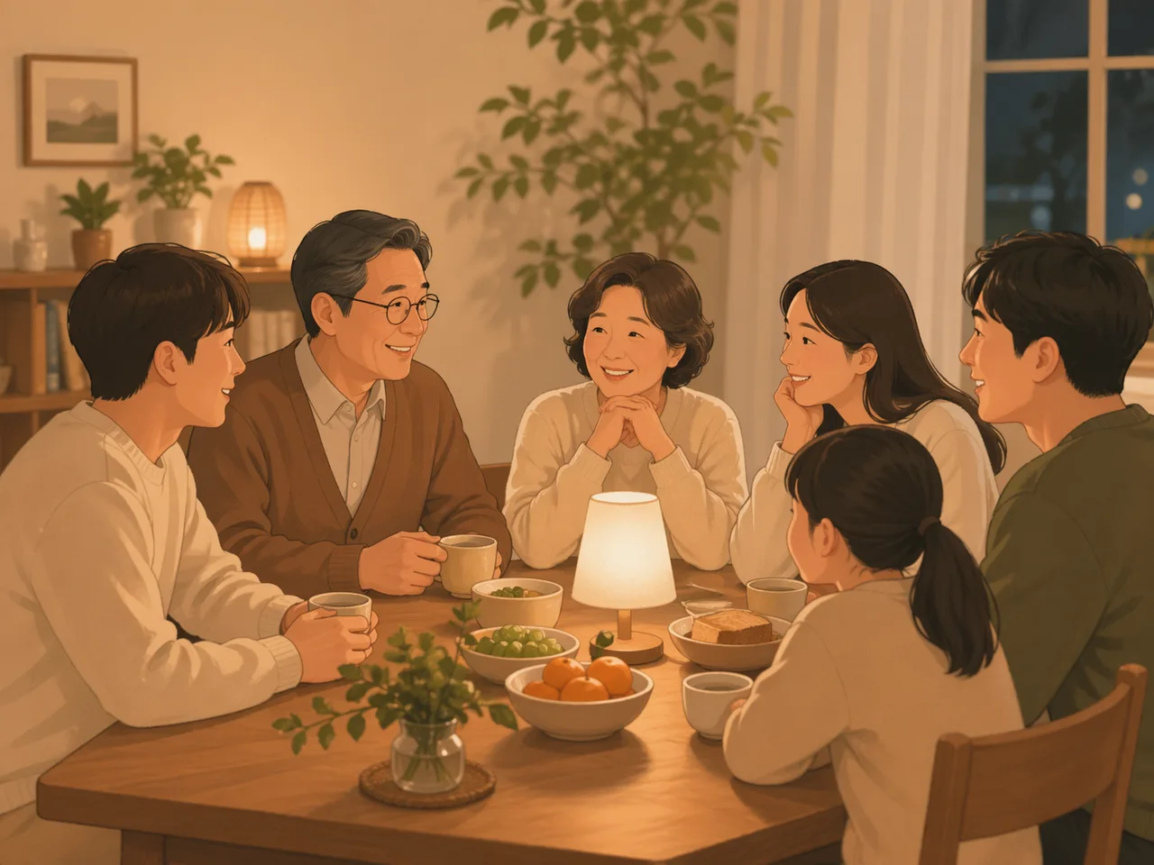 가정 식탁 위에 켜진 작은 등불과 서로를 바라보는 가족