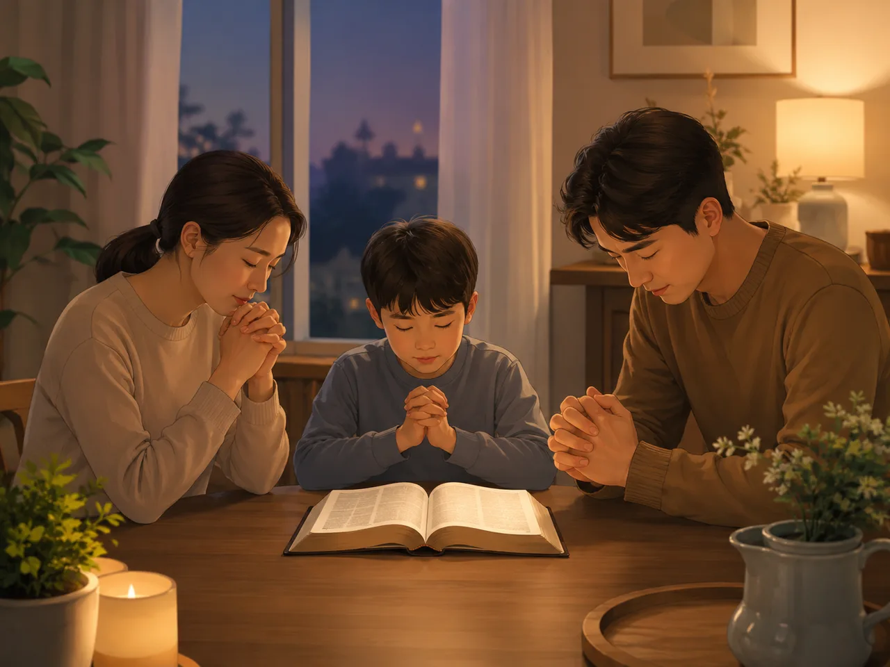 가정과 다음 세대를 위해 기도하는 부모와 자녀의 실루엣을 따뜻하게 표현한 이미지