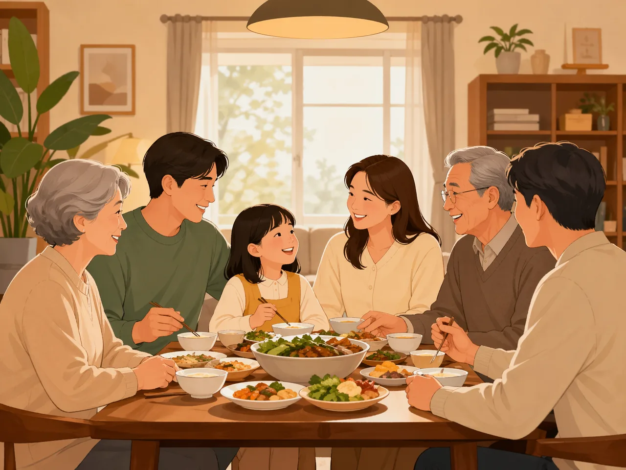 가정의 식탁에서 가족이 서로를 바라보며 화목을 나누는 장면