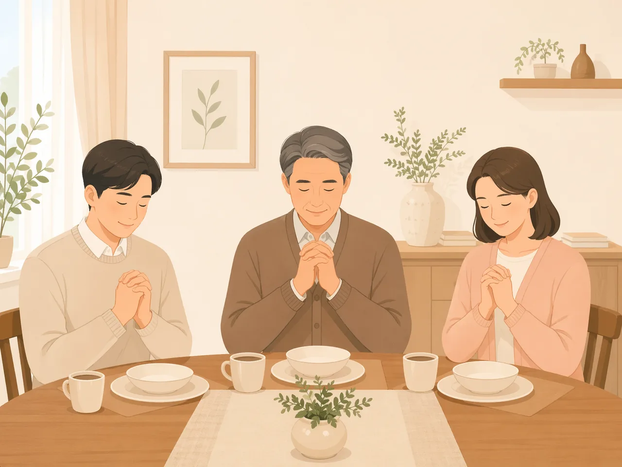 가정이 함께 식탁에 둘러앉아 기도하는 따뜻한 일러스트