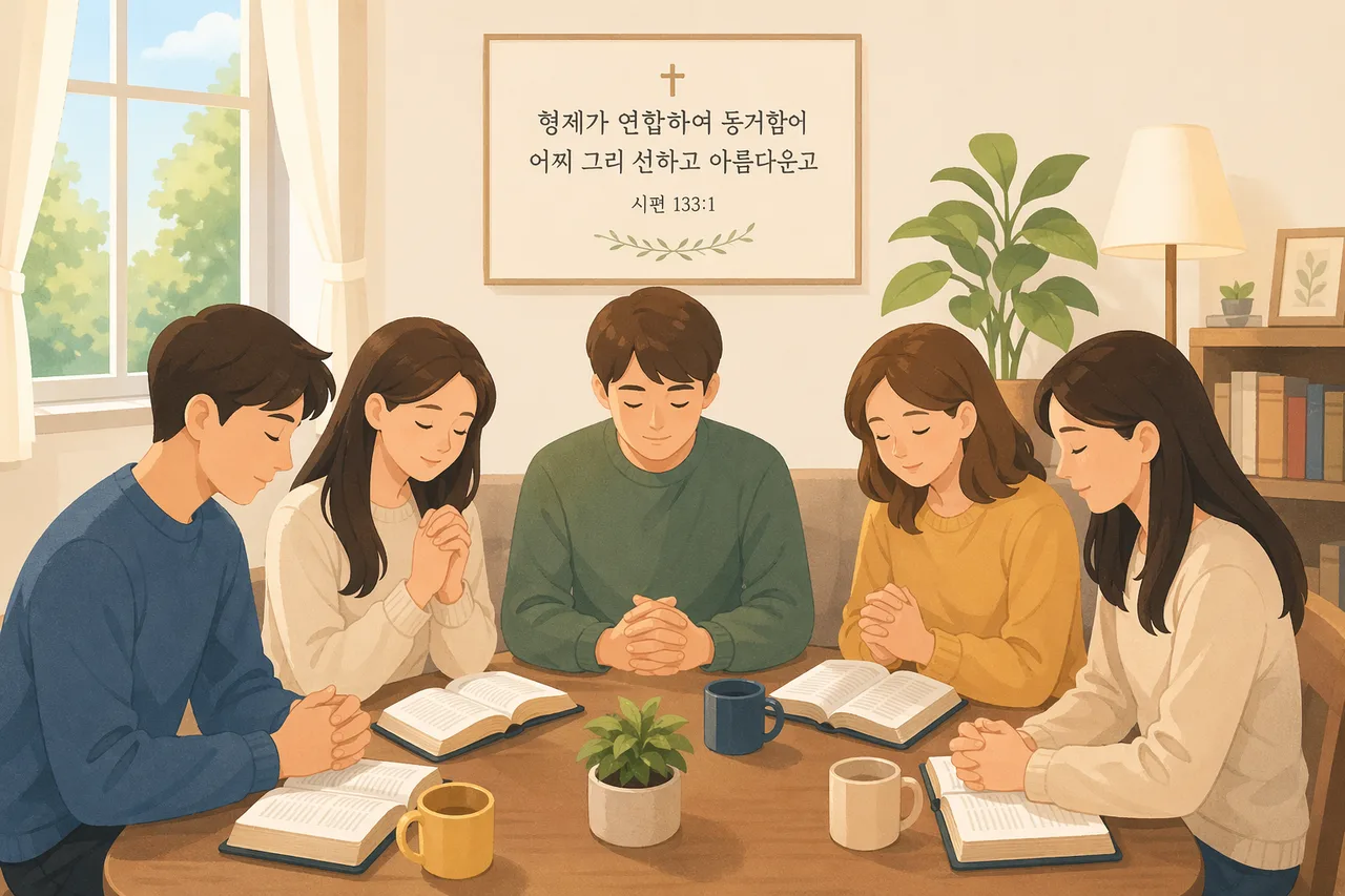 구역원들이 모여서 기도하는 모습