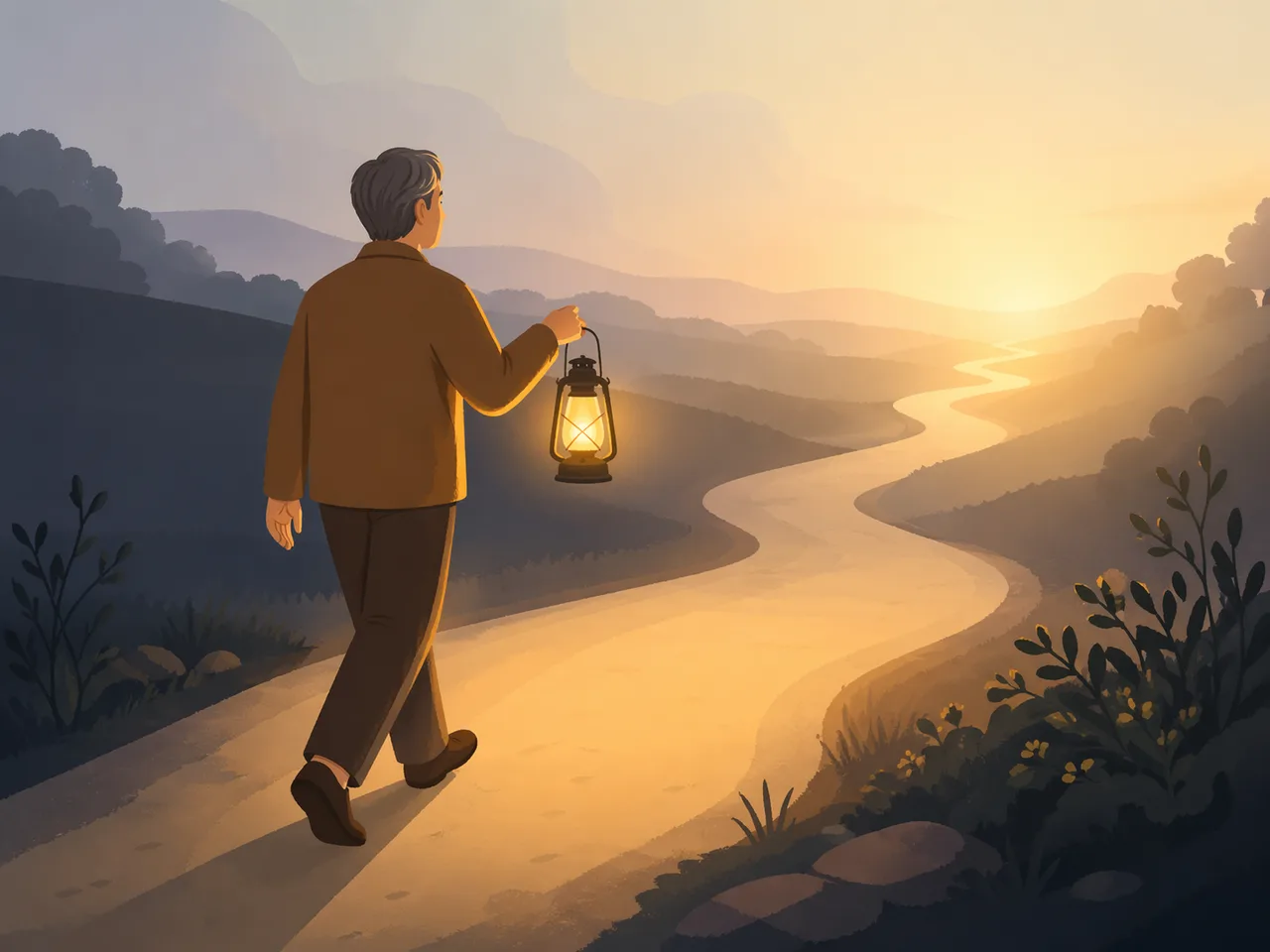 길을 비추는 손전등과 함께 걷는 발걸음