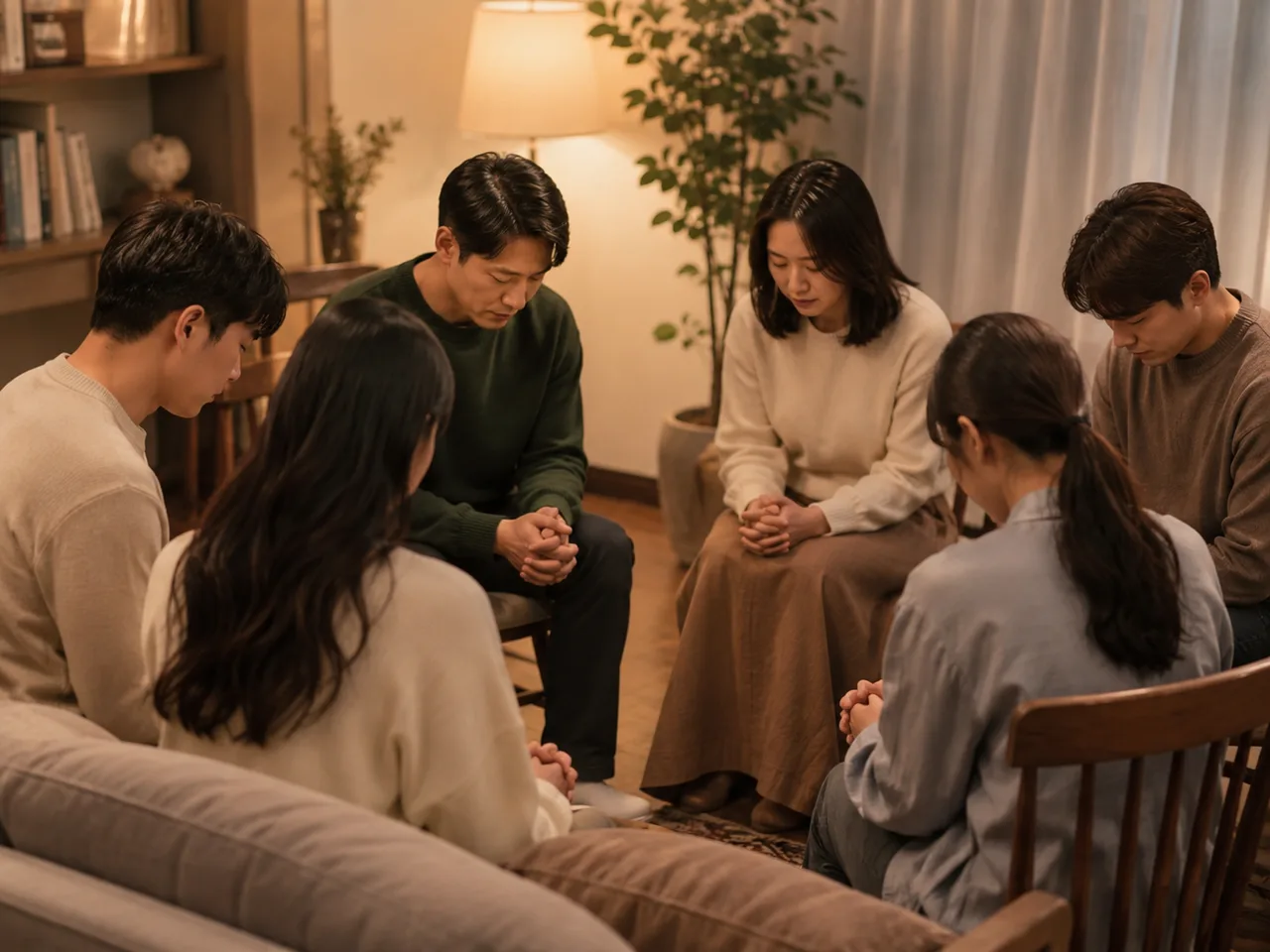 둥글게 모여 함께 기도하는 목장예배 공동체 일러스트