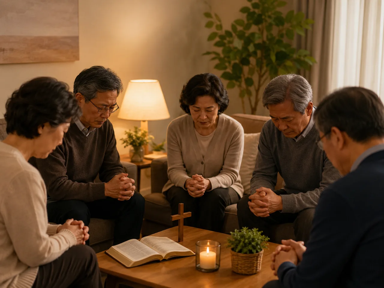 따뜻한 조명이 비치는 작은 거실에서 성경을 중심으로 둘러앉아 조용히 기도하는 구역예배 장면