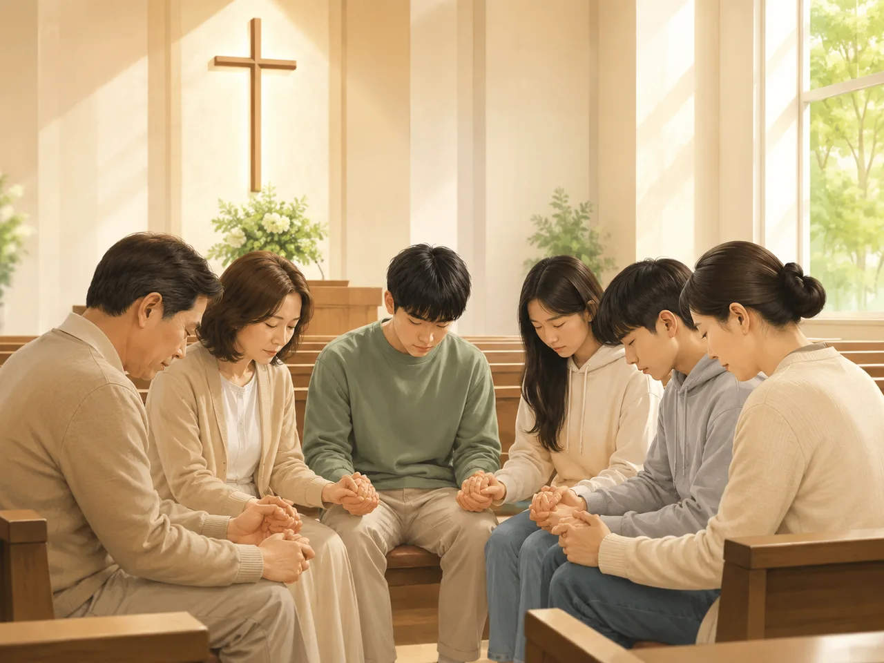 부모 세대와 다음 세대가 함께 예배당 의자에 앉아 기도하는 모습