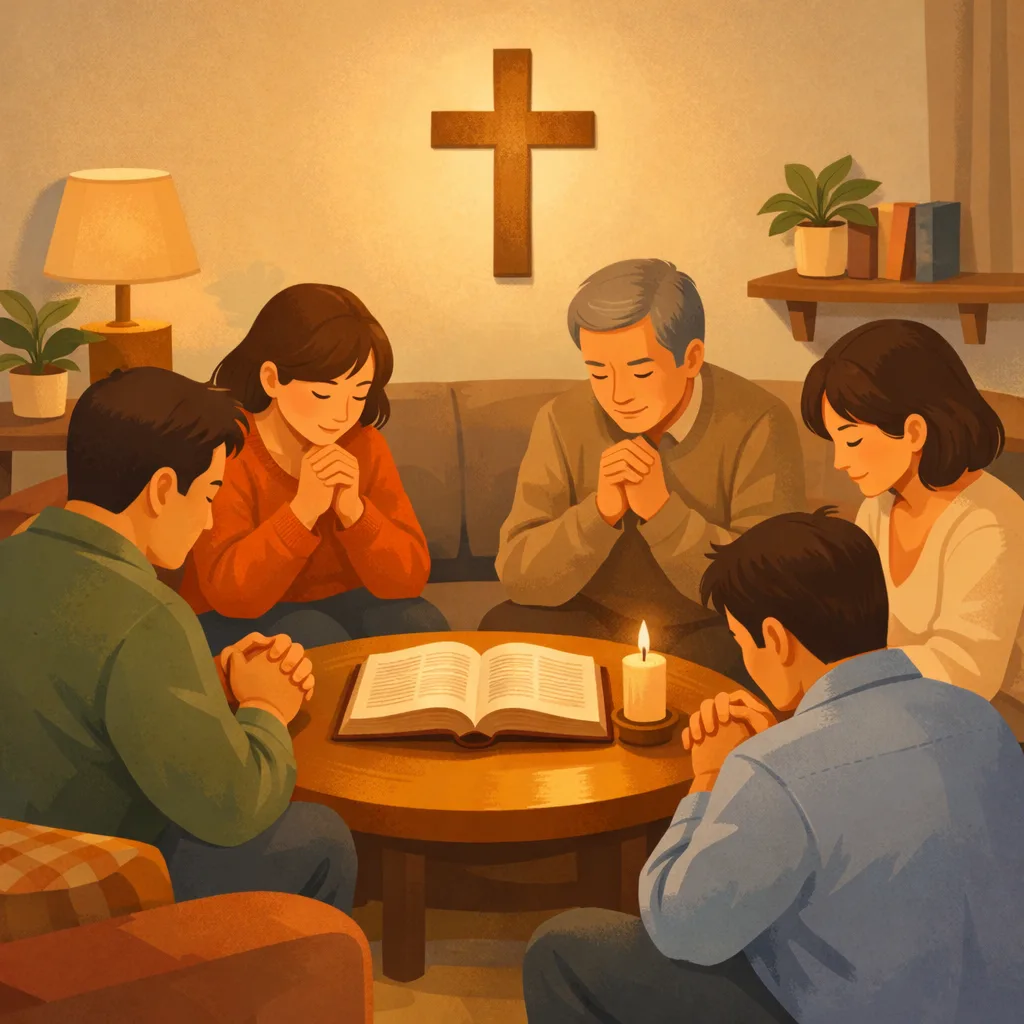 사순절 목장모임에서 둘러앉아 말씀을 펴 놓고 함께 기도하는 따뜻한 플랫 일러스트