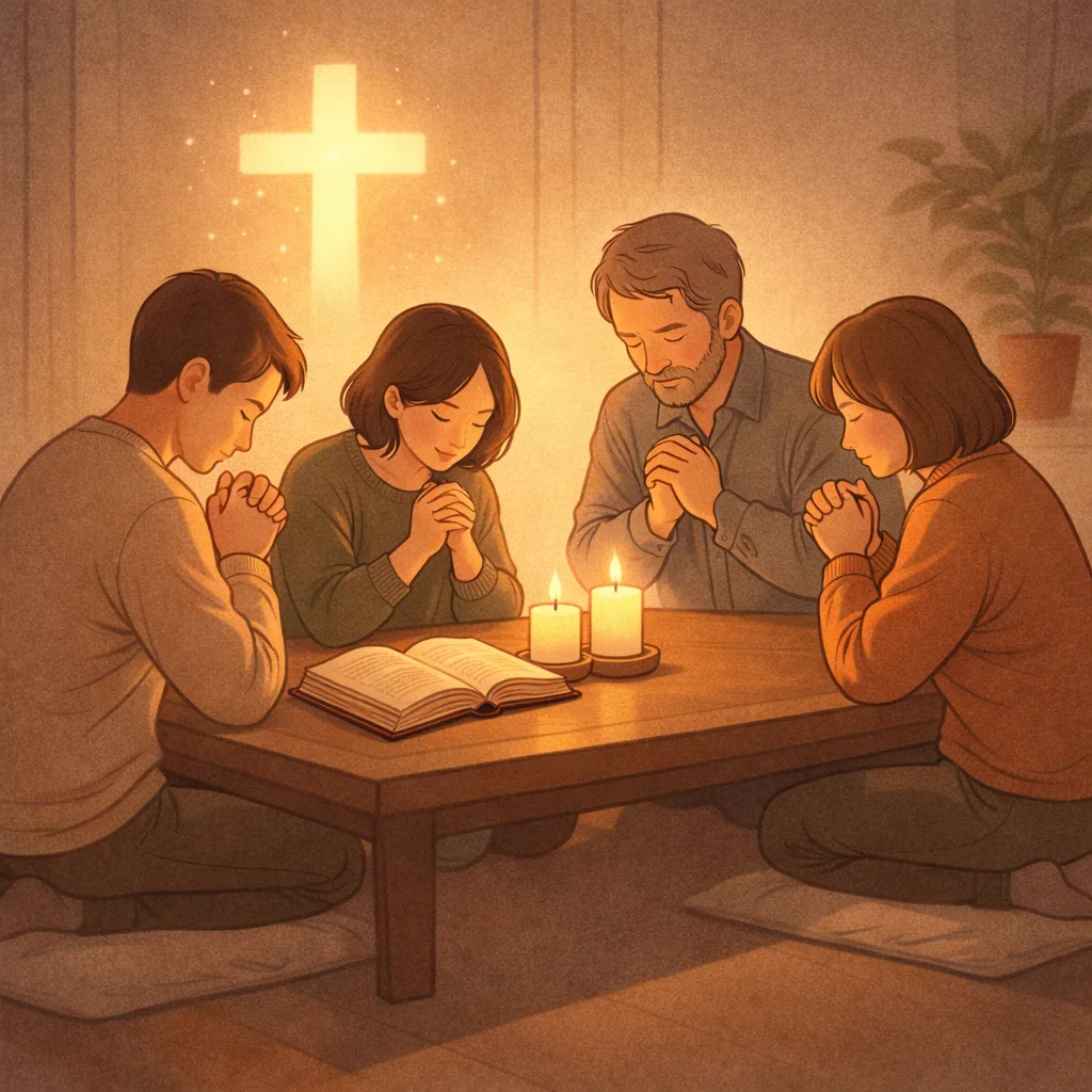 상처를 주께 맡기며 촛불과 십자가 빛 아래 기도하는 목장 공동체