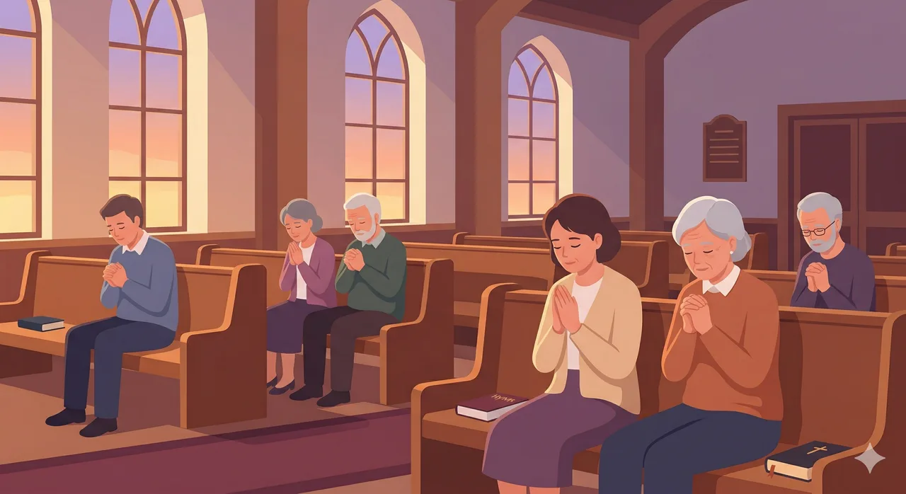 새벽빛이 비추는 교회 예배당 안에서 조용히 기도하는 중장년 성도들의 따뜻한 플랫 일러스트