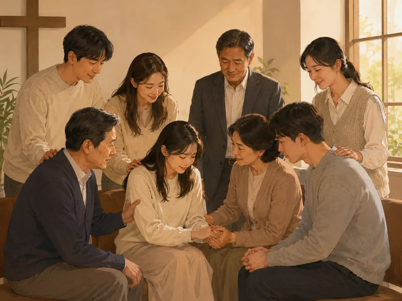 서로의 손을 조심스럽게 잡고 위로하는 가족과 성도의 모습을 통해 관계 회복과 치유를 상징하는 이미지