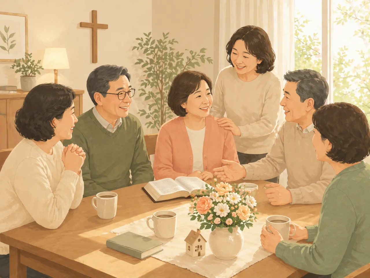 서로의 어깨를 토닥이며 격려하는 목장 공동체의 모습