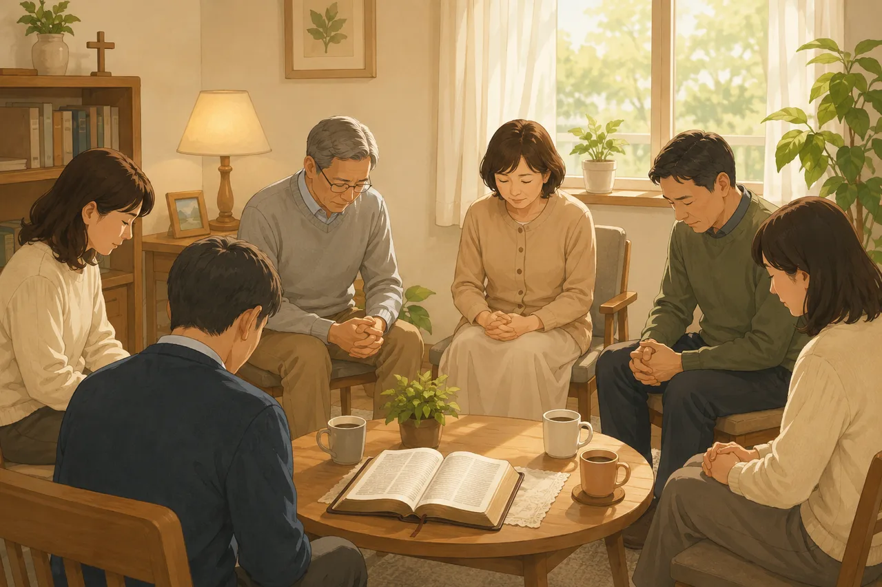 여러 사람이 둥글게 앉아 서로를 위해 기도하는 목장 공동체 이미지