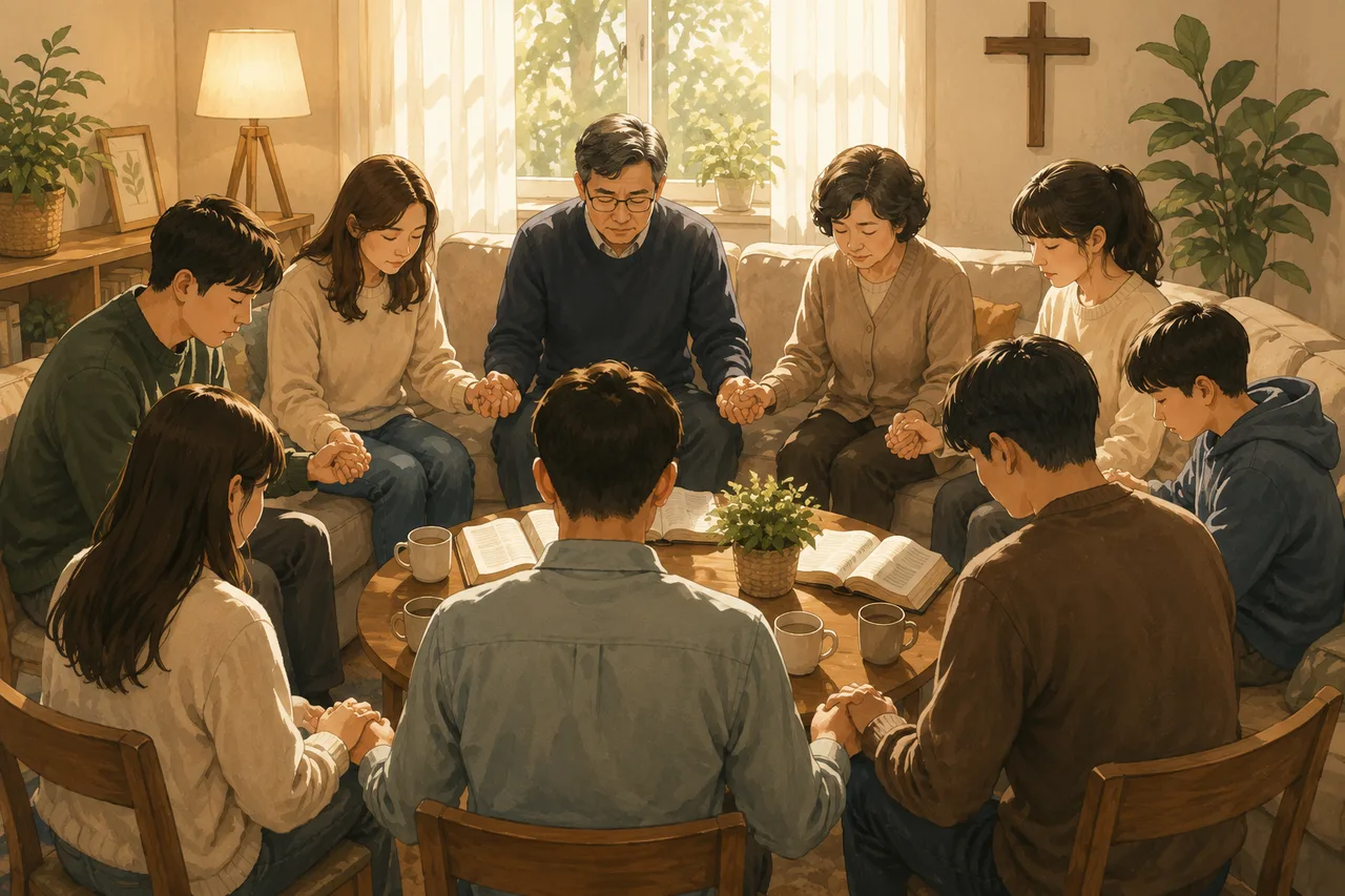여러 세대가 둥글게 모여 기도하는 모습을 상징적으로 표현한 공동체 이미지