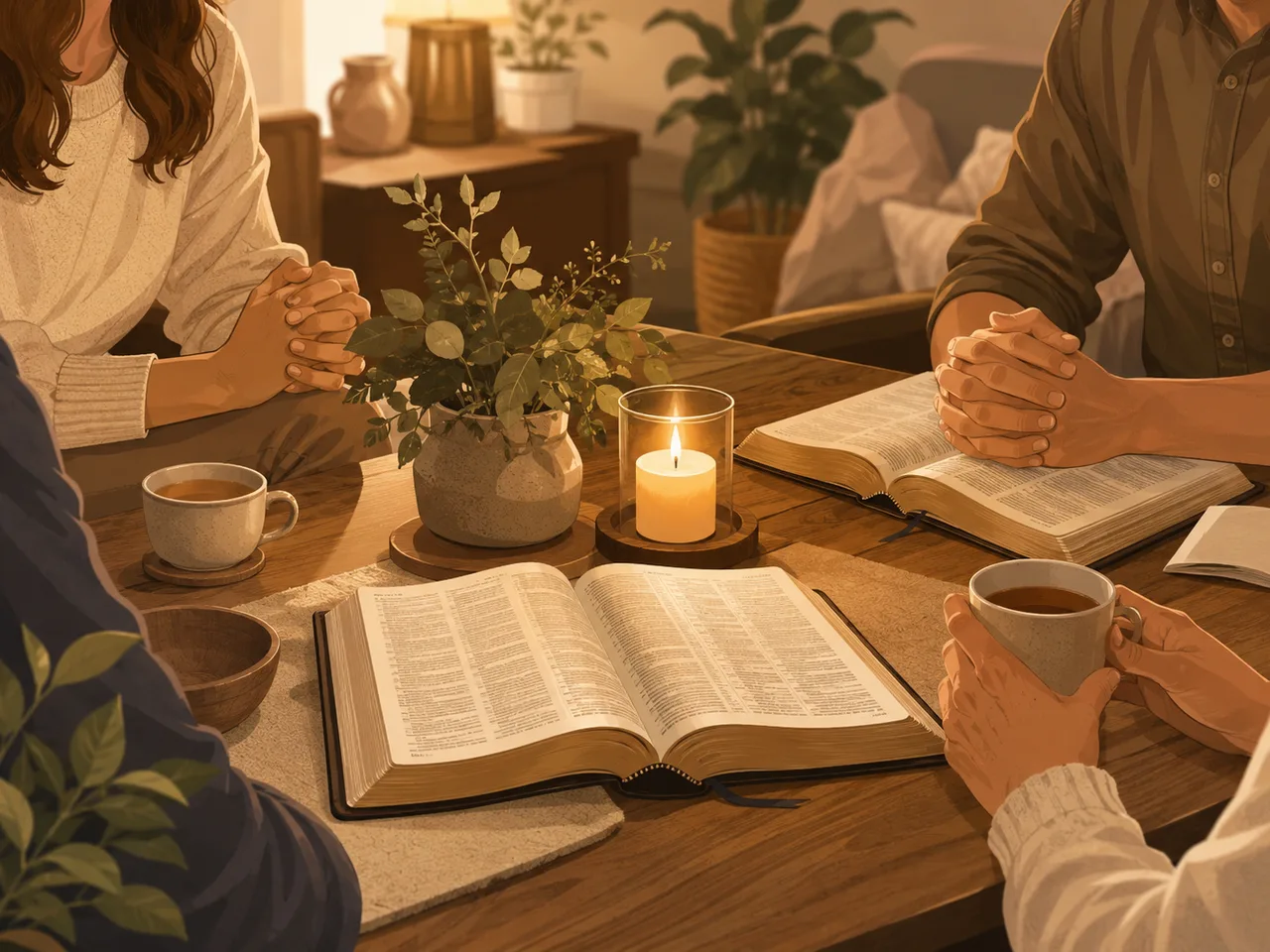 열린 성경과 작은 촛불, 찻잔이 놓인 목장 모임 테이블 이미지