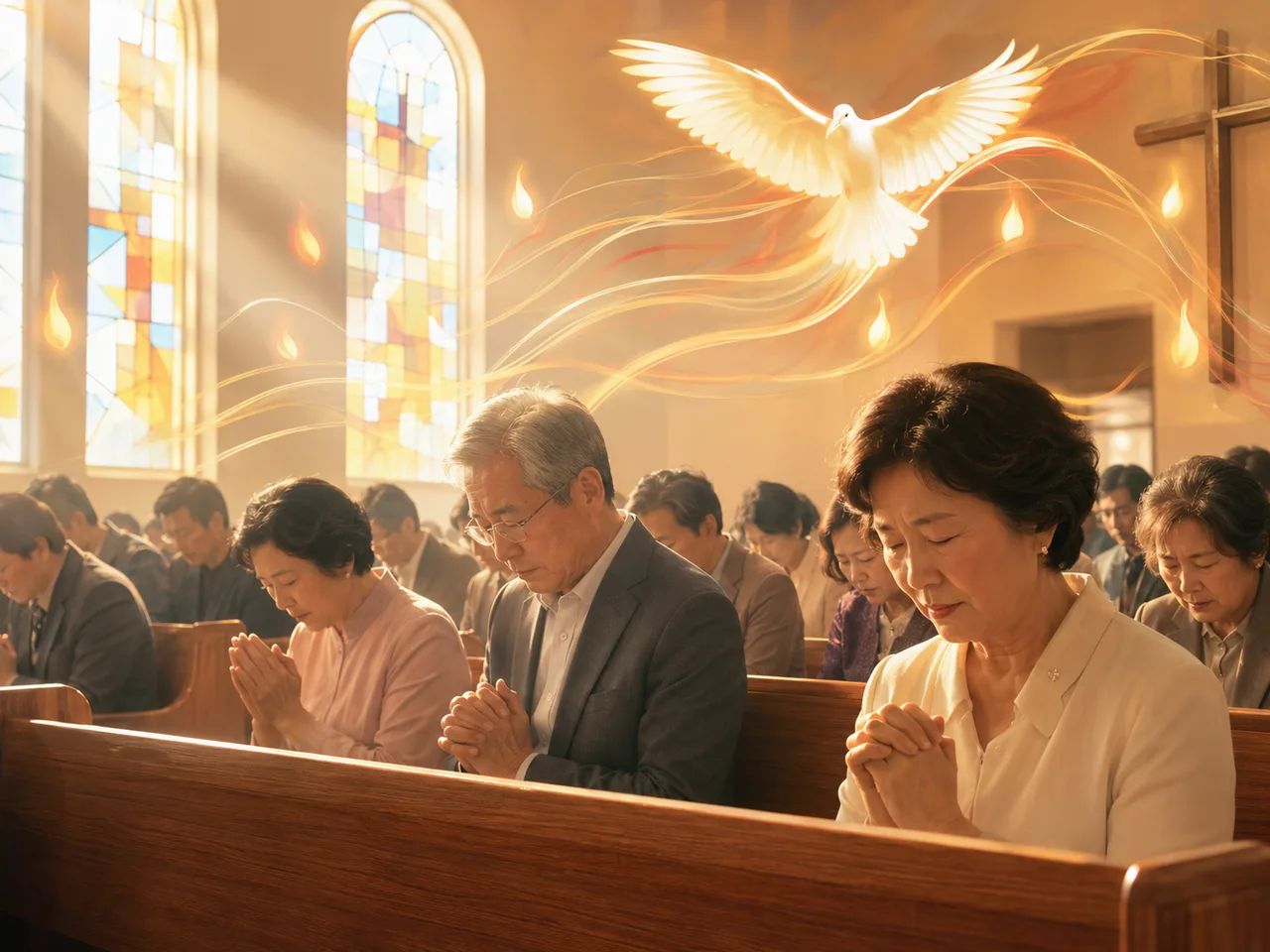 예배당 안에 부드러운 빛이 비치고, 성도들이 조용히 기도하는 성령강림주일 분위기의 이미지