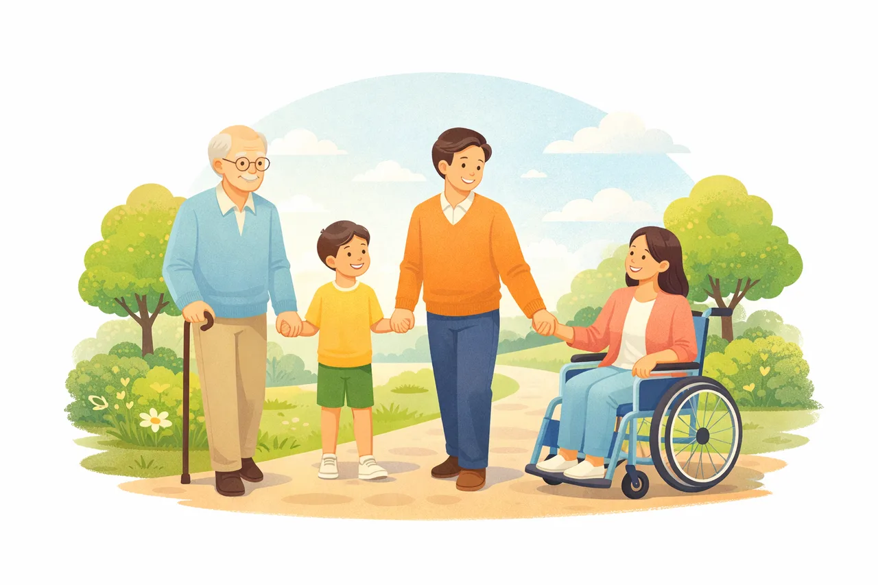 장애인주일을 상징하는 서로 손을 잡고 걷는 다양한 이웃