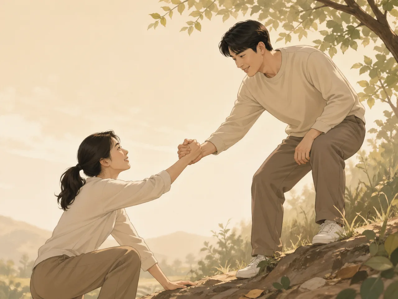 한 사람이 넘어진 사람을 손잡아 일으켜 세우는 장면을 상징적으로 표현한 따뜻한 공동체 이미지
